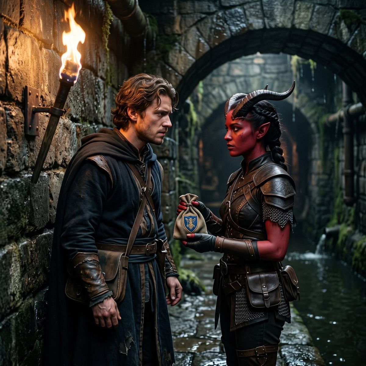 Roleplay encounter: a human rogue and a tiefling deal over a coin pouch in the sewers